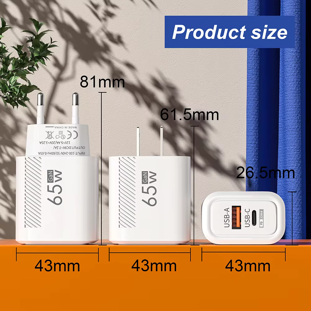 65W GaN Charge rapide USB Type C chargeur US EU Plug PD 3.0