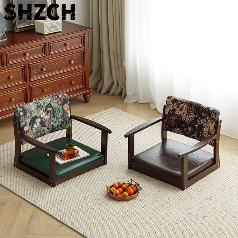 Chaise japonaise au sol avec dossier, tabouret Zaisu en bois massif, design sans pieds pour balcon/lit/baie vitrée, tabouret bas