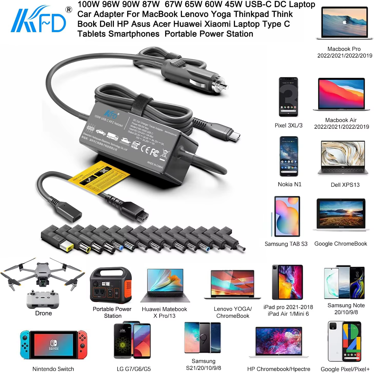 Chargeur universel USB-C pour ordinateur portable et voiture