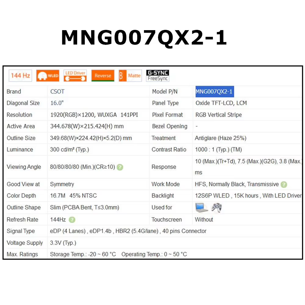MNG007QX2-1 MNG007QX2 Original NOUVEAU 144HZ 16.0 "WUXGA 1920X1200 EDP 40PINS pour ASUS TUF GAMING A16 FA607N NON-TOUCH
