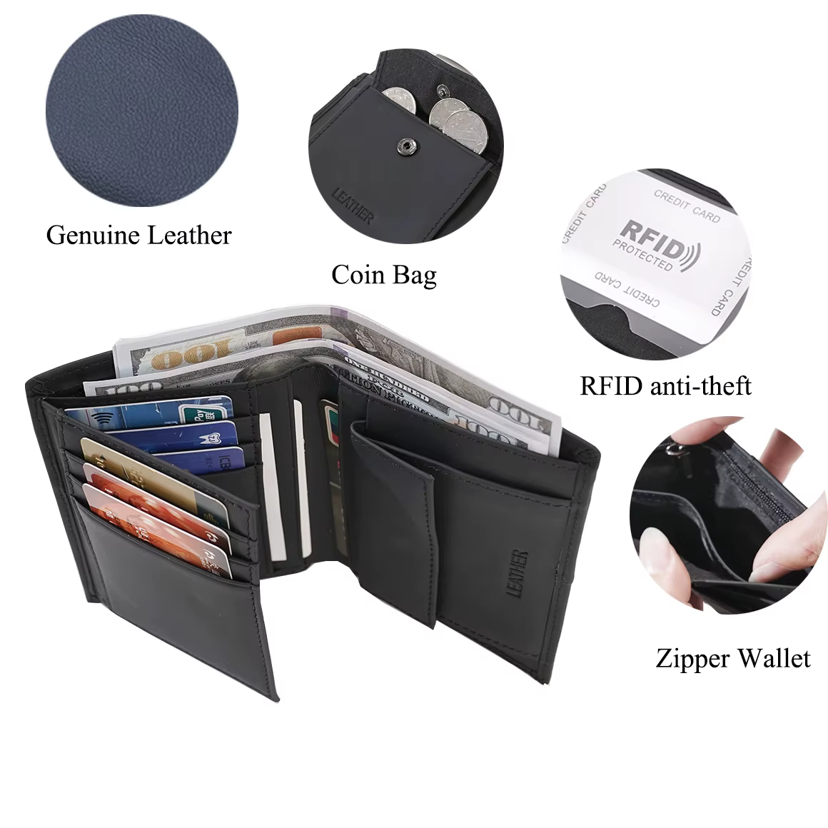 Portefeuille en cuir pour homme, porte-cartes RFID, portefeuilles en cuir véritable, porte-cartes pour homme et femme