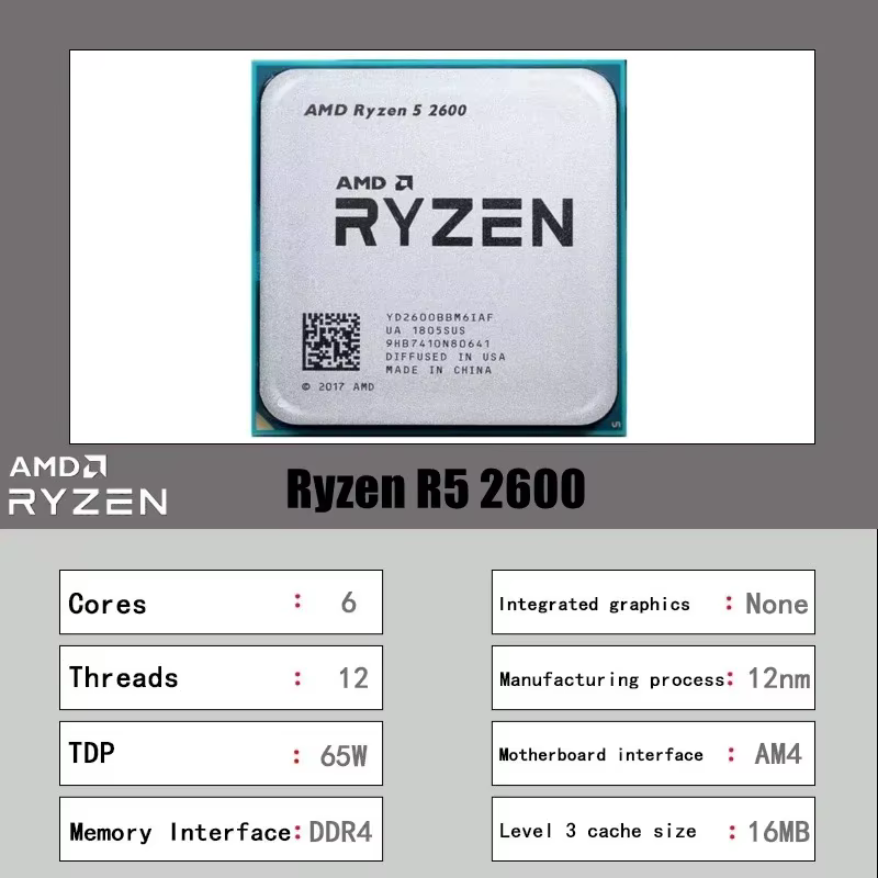 Processeur de bureau AMD R5 2600 6 cœurs 12 threads