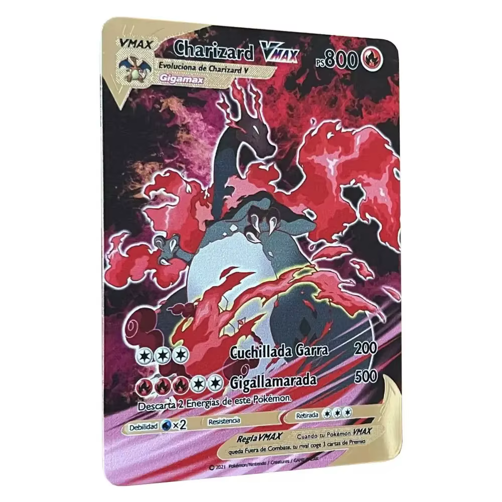 Cartes métalliques Pokemon en espagnol Pikachu Arceus Charizard, carte Flash de commerce à faire soi-même, cadeau de dessin animé