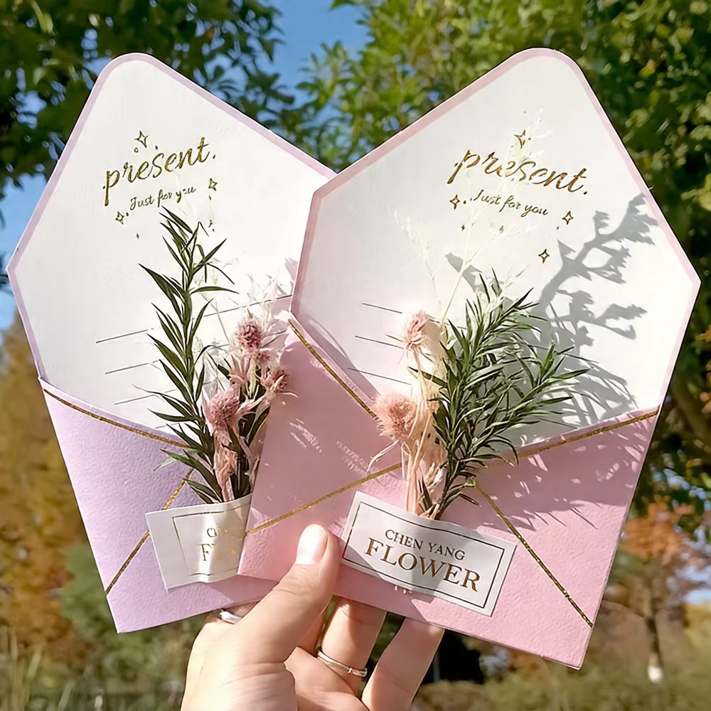 Carte de vœux avec fleurs séchées, estampage doré élégant, enveloppe rose, carte commémorative pour invitation, cadeau de fête