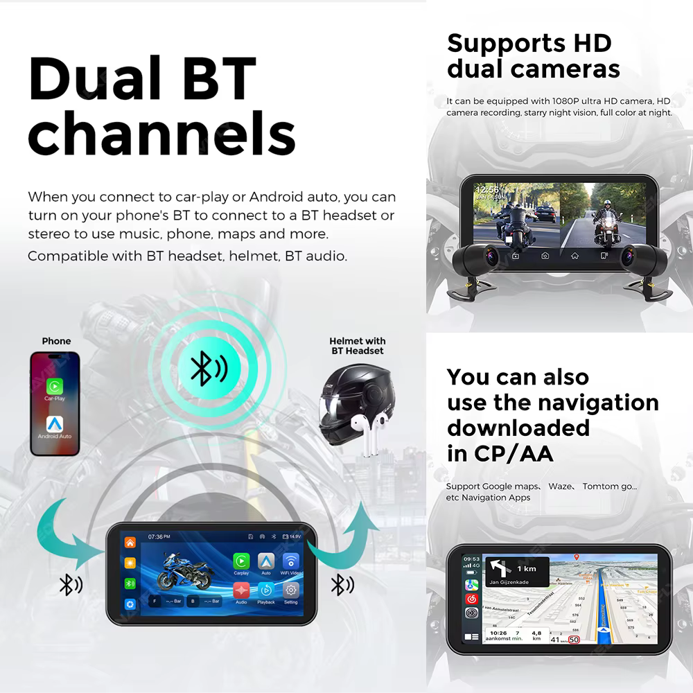 Enregistreur de conduite DVR automatique étanche pour moto, prise en charge de la navigation GPS, Carplay sans fil, Android, TPMS, IP67, portable, 6.25 pouces