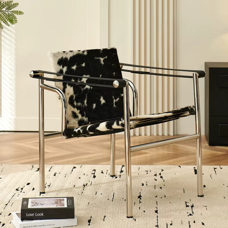 Fauteuil Selle Simple Italien, Chaise de Loisirs Individuelle en Cuir et Acier Inoxydable, Canapé Minimaliste Noir pour Salon