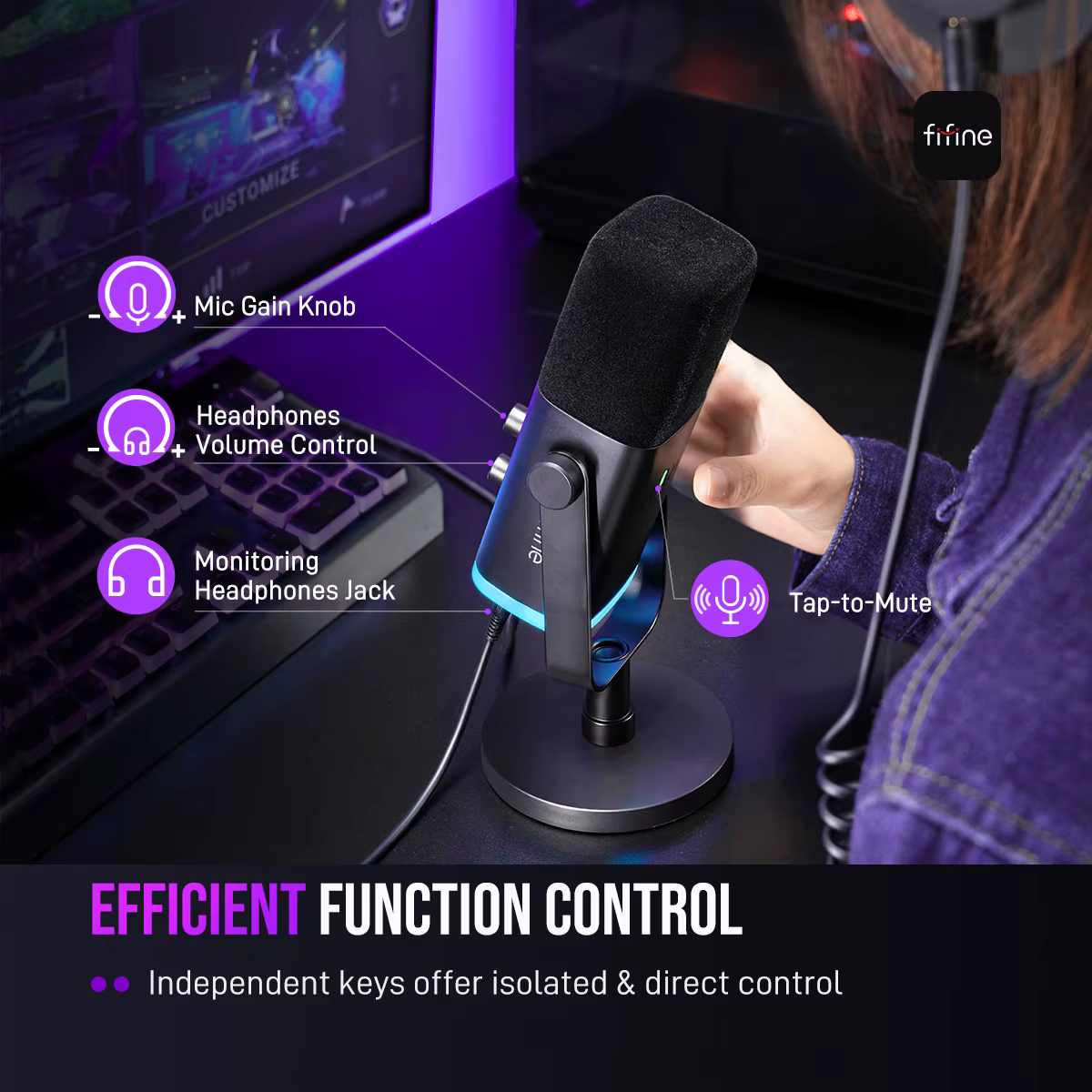 FIFINE Microphone dynamique USB/XLR avec contrôle RGB/prise casque/muet