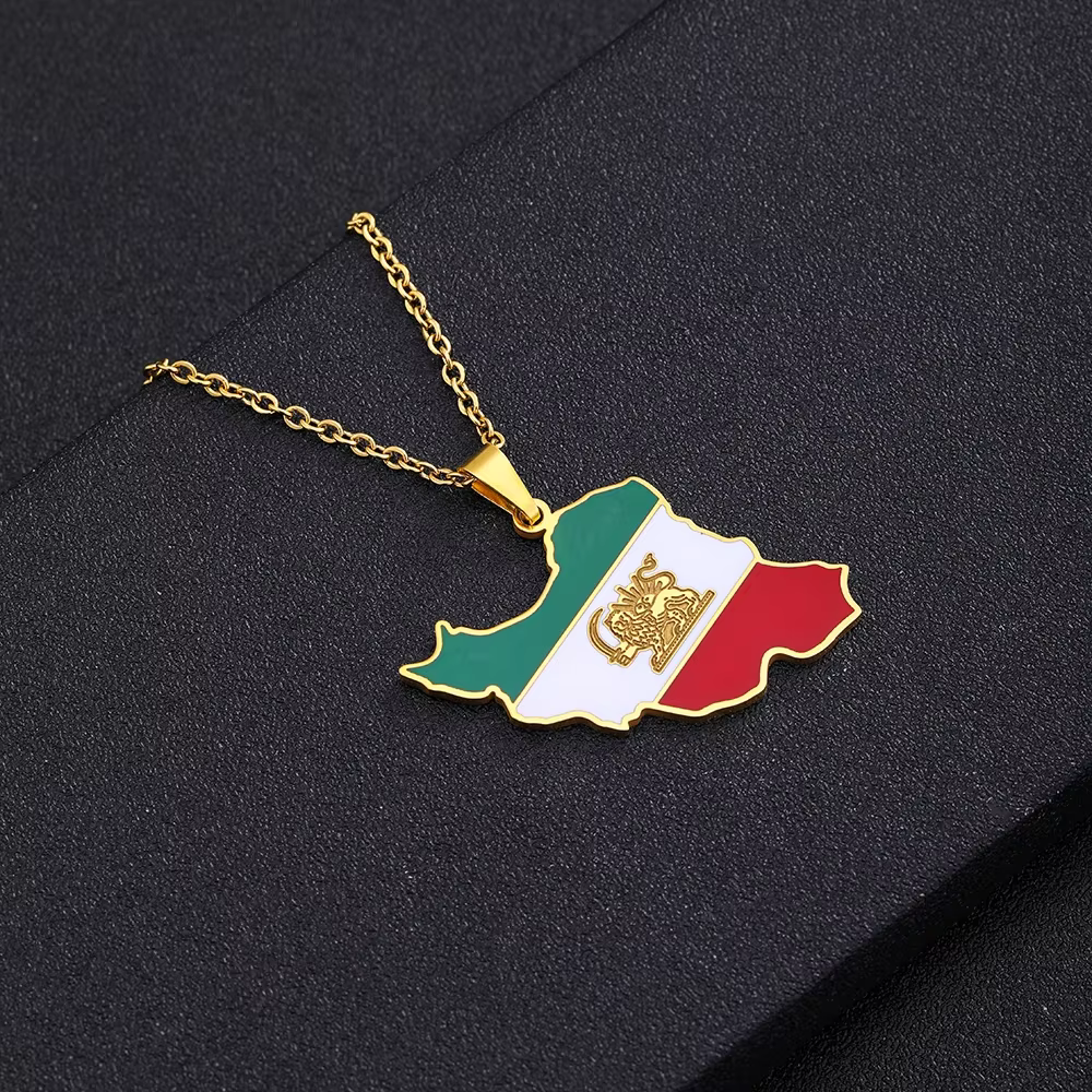 Colliers pendentifs en émail avec carte et drapeau de l'Iran, bijoux en acier inoxydable iranien pour femmes, hommes, filles, cadeaux de fête et d'anniversaire