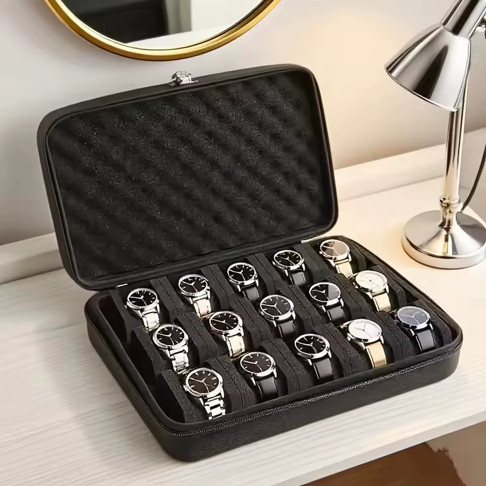 Boîte de rangement de montres de qualité supérieure, boîte de rangement de montres à 15 emplacements pour cartes, boîte de rangement de bijoux portable, vitrine, adaptée à la maison