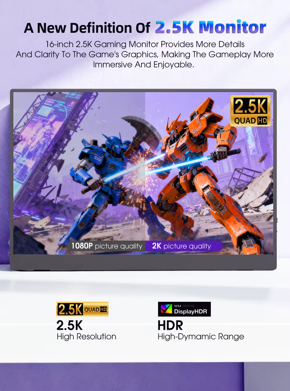 UPERFECT 2K 16" 120 Hz Écran de jeu portable avec haut-parleurs IPS 2560 x 1600 HDMI Type C pour ordinateur
