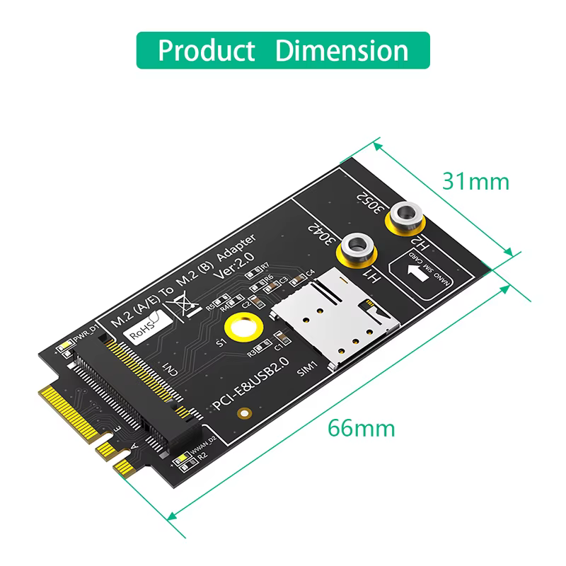 Adaptateur M.2 clé B vers M.2 clé A + E avec fente pour carte NANO