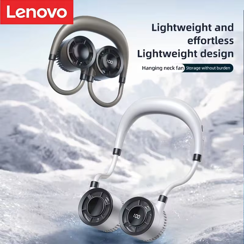 Ventilateur de cou portable Lenovo 100 vitesses, sans pales, avec écran LED, rechargeable par USB, pour les sports de plein air et les voyages