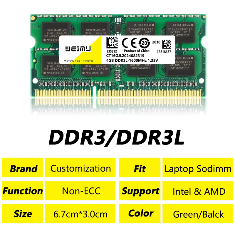 DDR3L 4GB 8GB Module de mémoire pour ordinateur portable Ram PC3 1.5V 1333 1600 1866Mhz PC3L 1.35V 8500 10600 12800