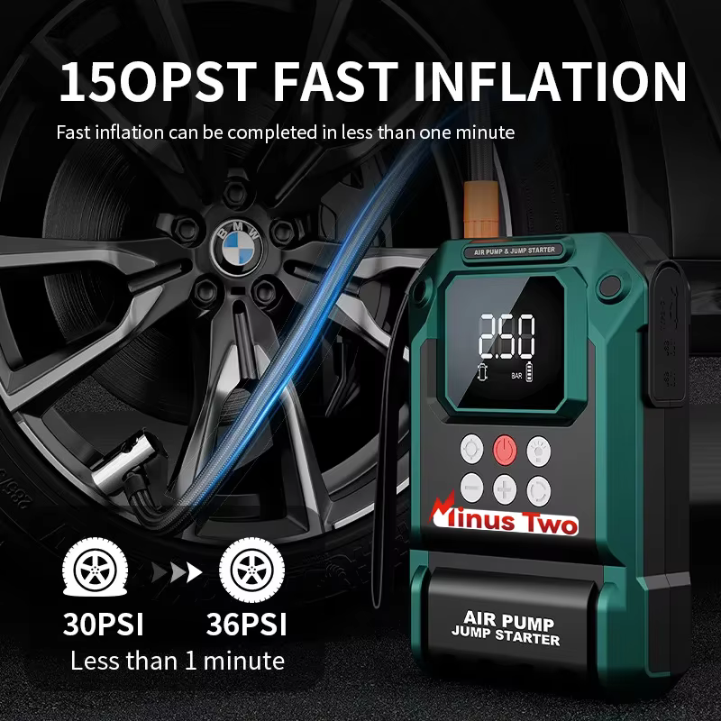 Station d'alimentation portable 2000A : Démarreur de voiture avec pompe à air 180 PSI, double chargeur USB et kit de secours.