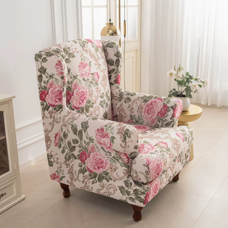 Housse de fauteuil à oreilles extensible en Spandex élastique, motif floral nordique, avec housse de coussin, protection de meubles