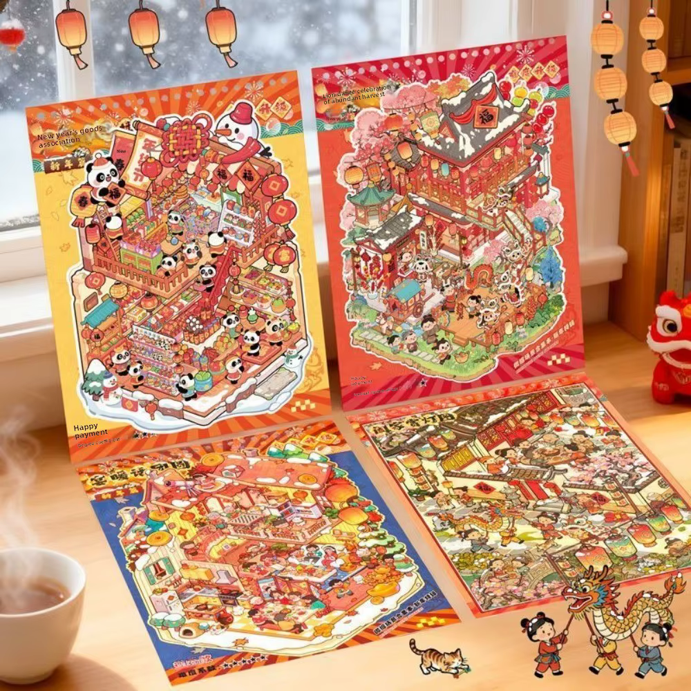 Nouveaux autocollants miniatures 3D à thème du Nouvel An, découpés en PET, sur le thème des paysages, 8 scènes, 20 feuilles, livre de scènes miniatures, cadeau de fêtes