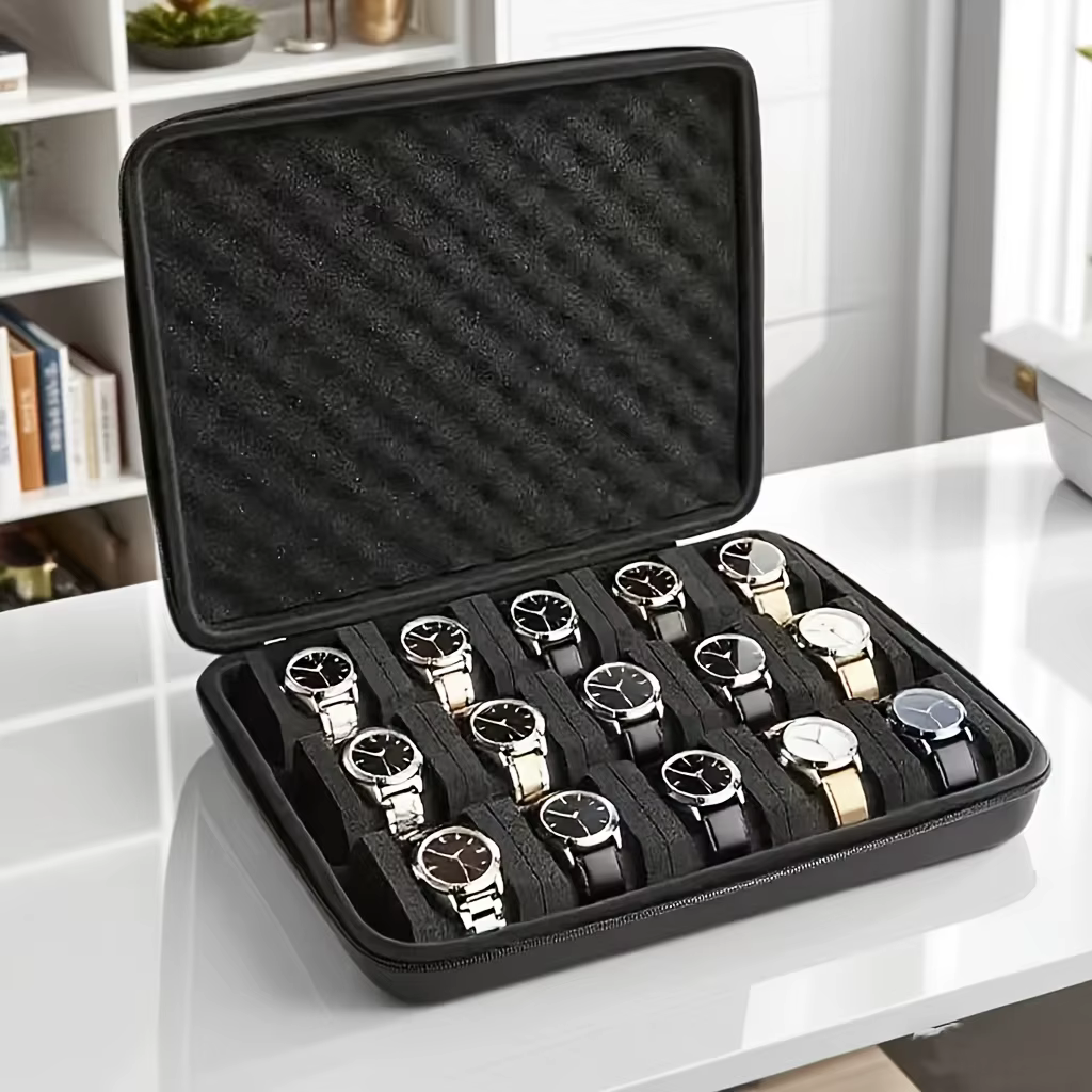 Boîte de rangement de montres de qualité supérieure, boîte de rangement de montres à 15 emplacements pour cartes, boîte de rangement de bijoux portable, vitrine, adaptée à la maison