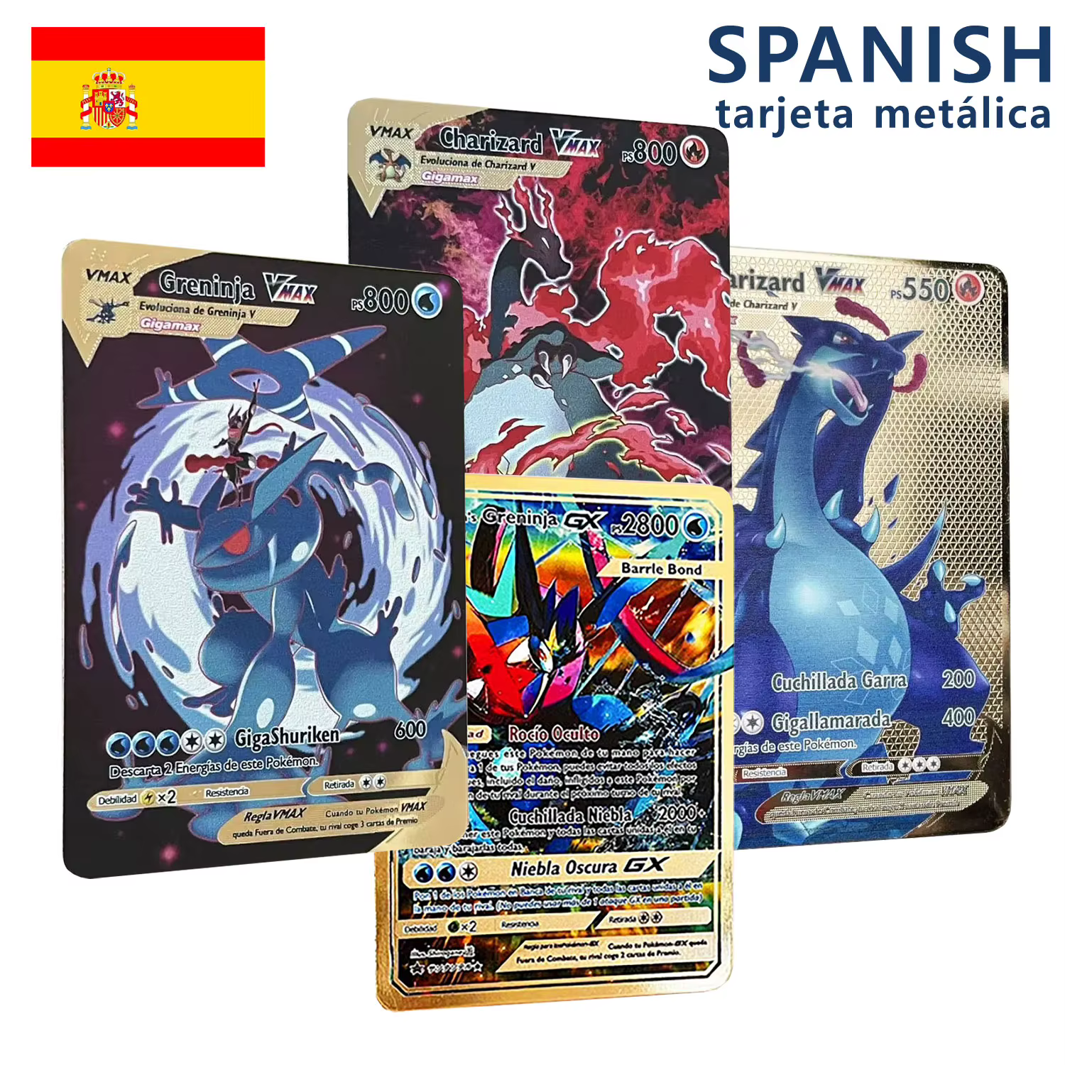 Cartes métalliques Pokemon en espagnol Pikachu Arceus Charizard, carte Flash de commerce à faire soi-même, cadeau de dessin animé