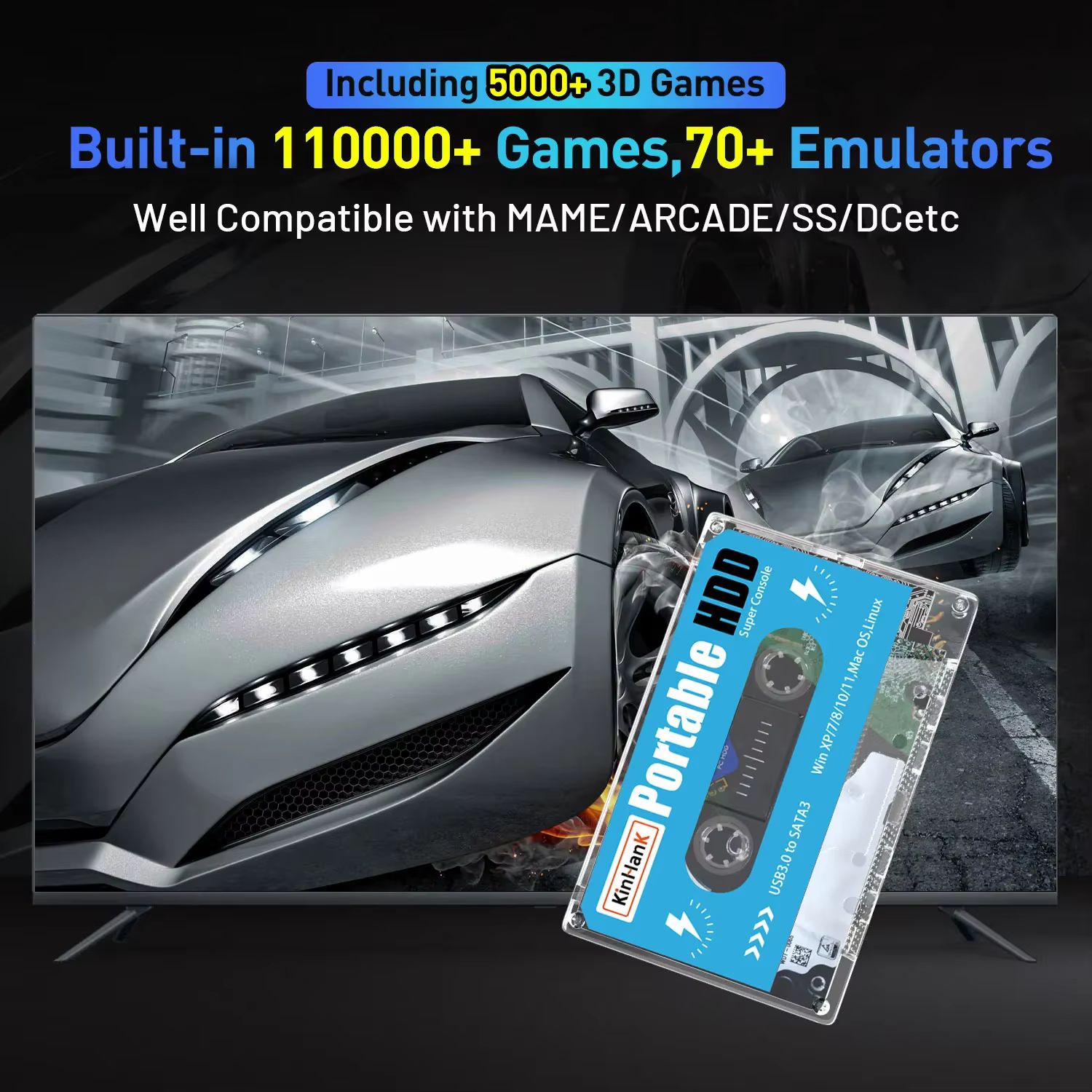 KINHANK 500G Gaming HDD Super Console 100000 jeux vidéo 70 émulateurs pour DC/MAME/SS/NAOMI/PS2/PS1 Plug and Play Batocera OS