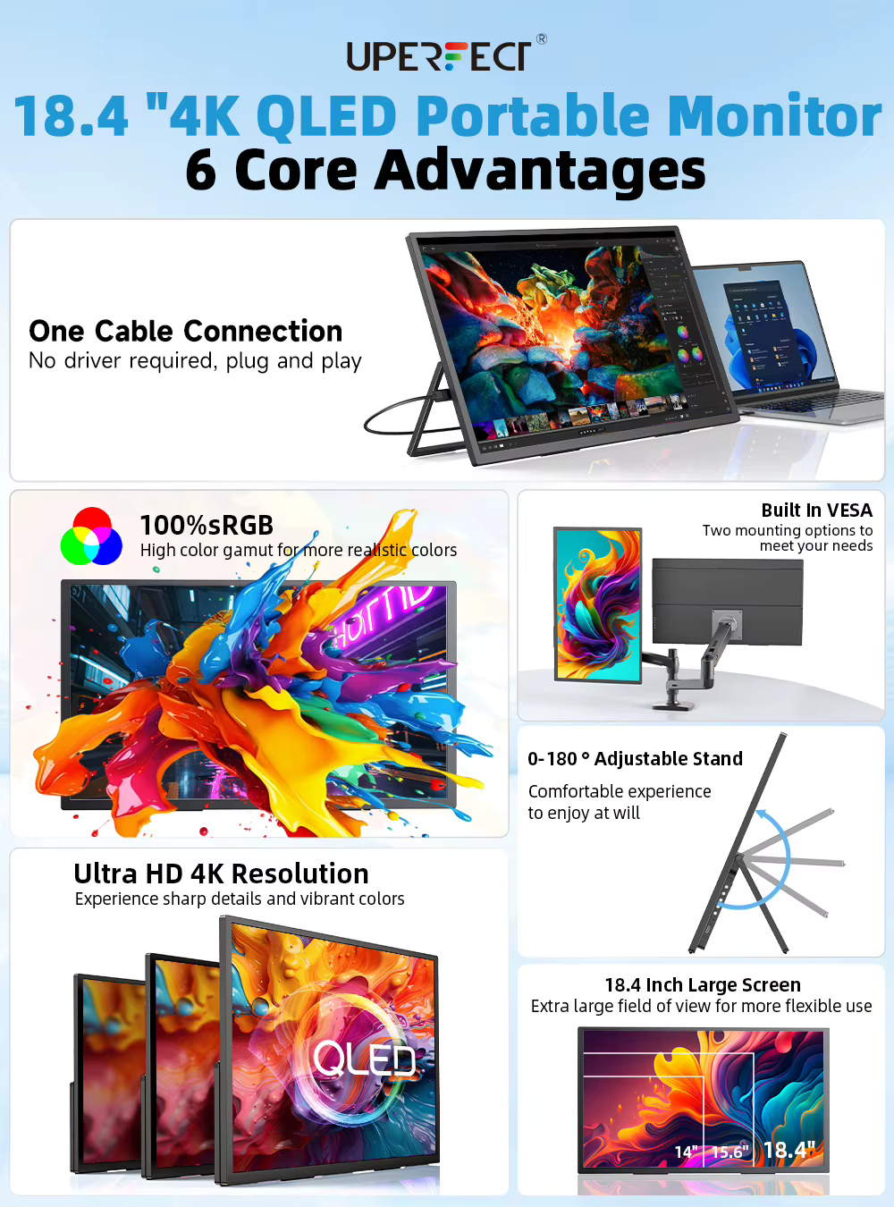 UPERFECT 18.4 4K QLED moniteur de jeu portable 3840 * 2160 HDR USB C HDMI pour PC