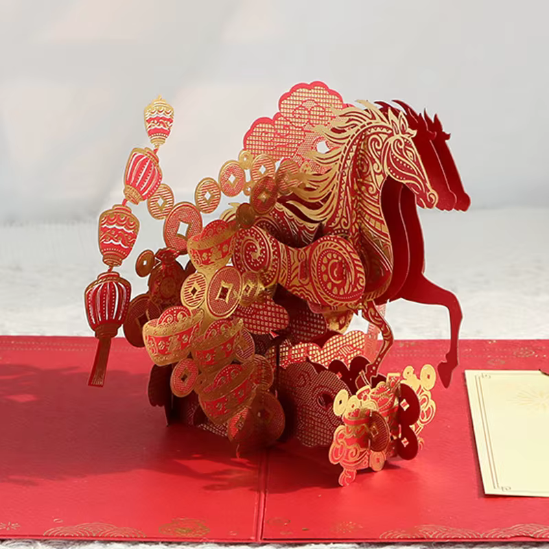 Carte de vœux Pop-Up 3D année du cheval 2026, feuille d'or, Design cheval, carte du nouvel an, bénédiction créative et souvenir, carte pliable