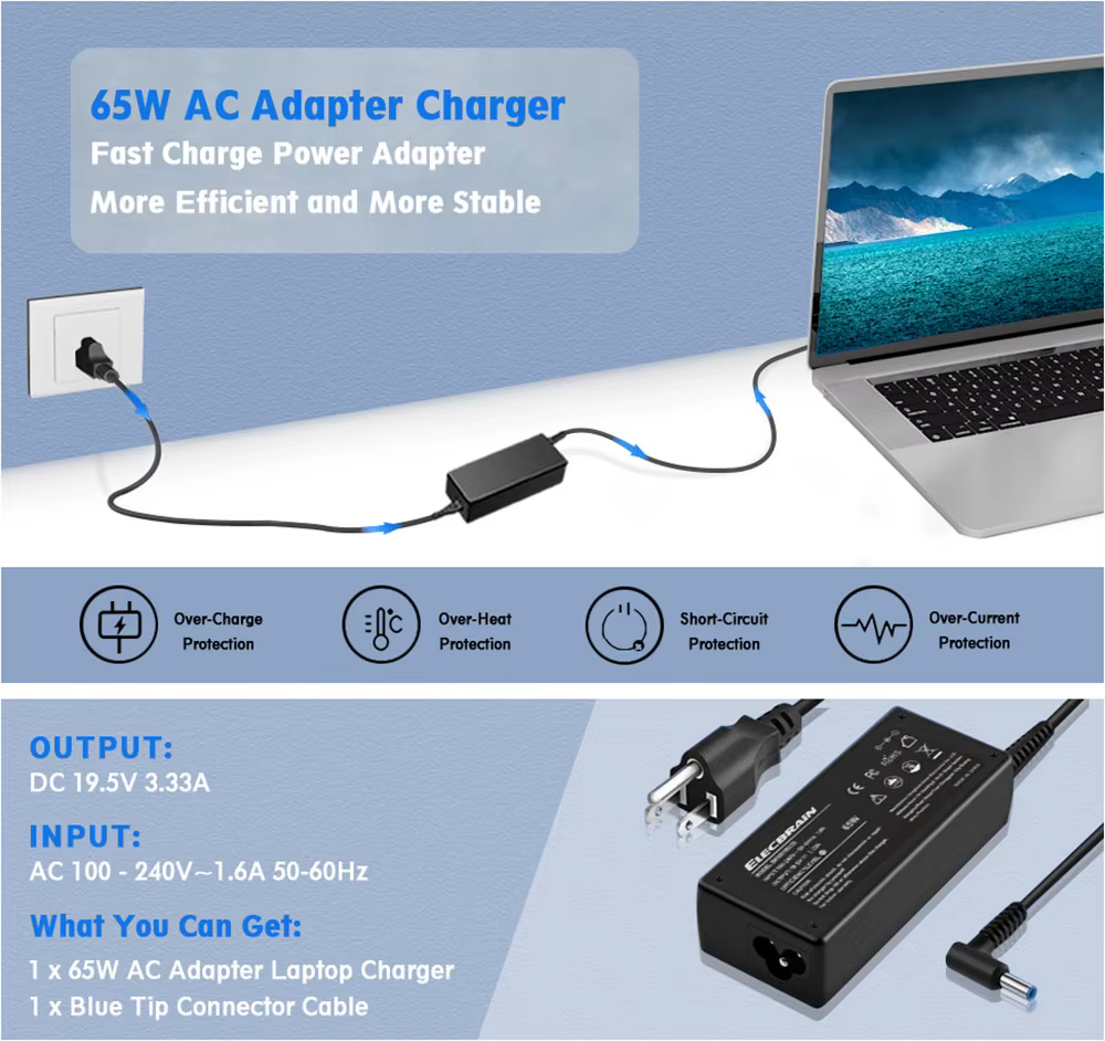 Chargeur d'ordinateur portable 65W pour HP EliteBook 840 850 845 830 820 G8 G7 G6 G5 G4 G3 745 735 725 755 ProBook 640 650 450 440 446 455 470