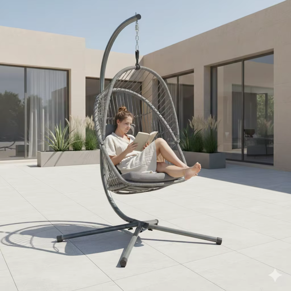 Chaise à œufs suspendue avec cadre en acier moderne, balançoire d'extérieur avec support, coussin étanche pour Patio, jardin, balcon, école et parc