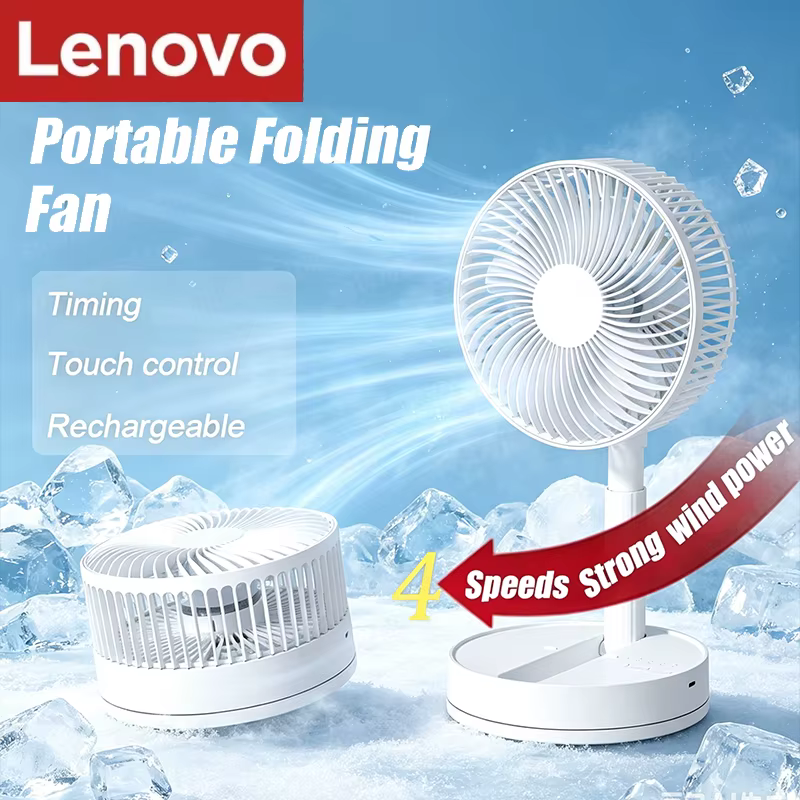 Ventilateur de bureau portable pliable Lenovo, rechargeable par USB C, batterie 3600 mAh, 4 vitesses, ultra silencieux, pour la maison, le bureau, la chambre à coucher, le dortoir