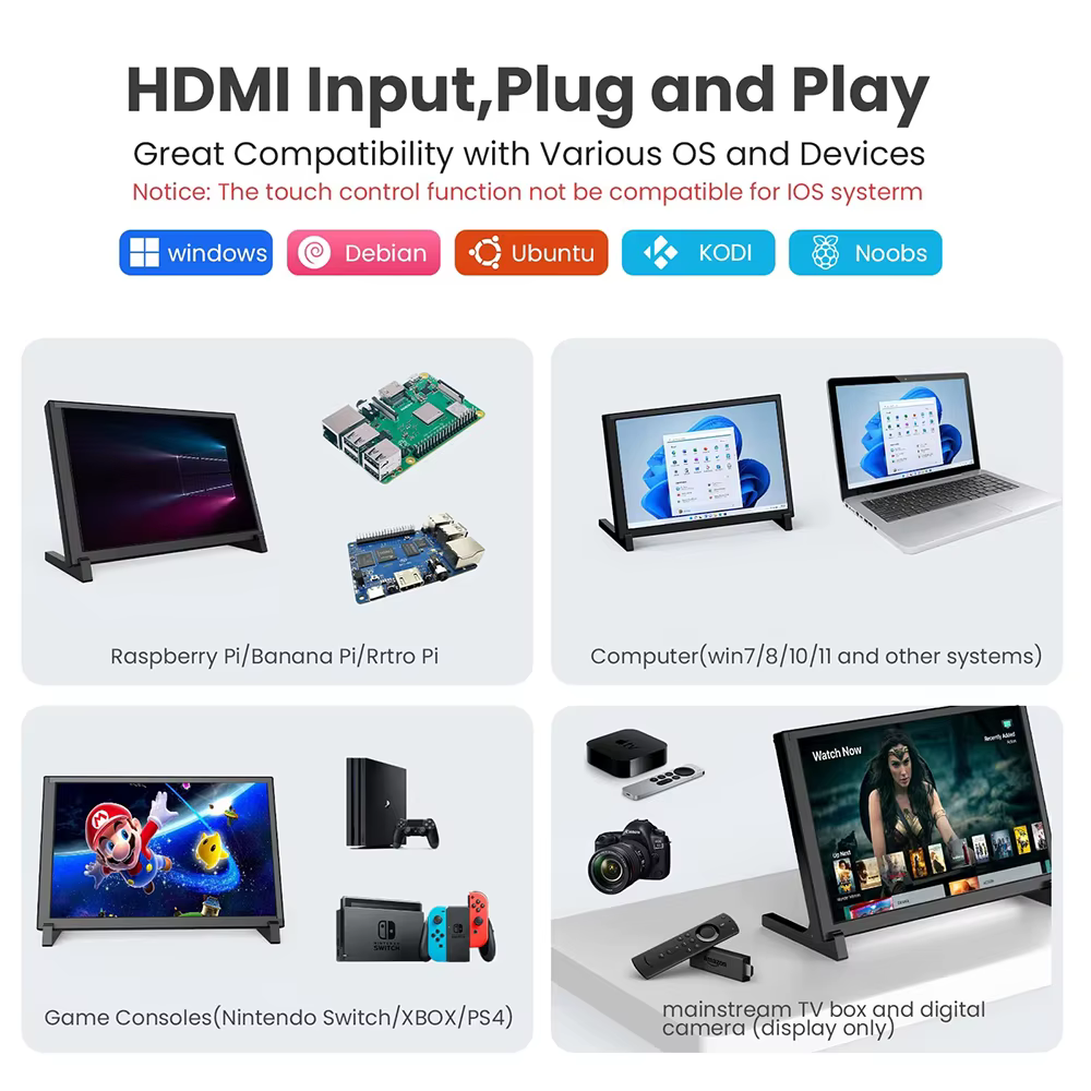 Eyoyo moniteur 10.1 pouces écran tactile capacitif Portable 1280x800 IPS affichage pour Raspberry Pi Plug And Play Compatible Win 8/10
