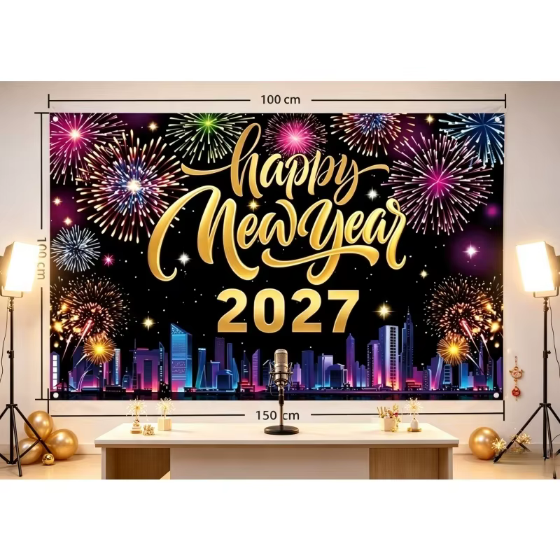 Décor de fête Joyeux Nouvel An 2027, toile de fond, champagne, horloge, bannière de Noël, fournitures de fête DIY, fond photo