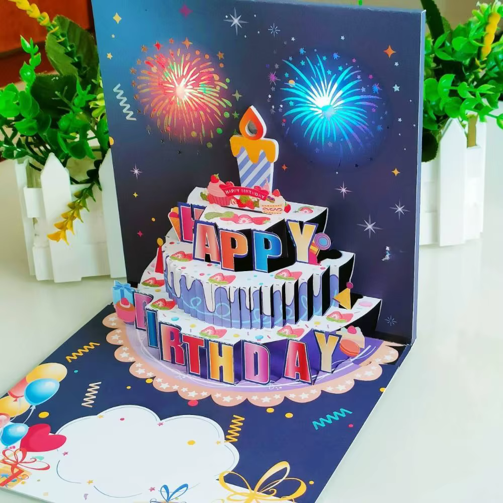 Carte de vœux musicale et lumineuse Joyeux Anniversaire avec effet bougie LED gonflable, carte 3D pop-up, motif dessin animé, découpe de papier ajourée