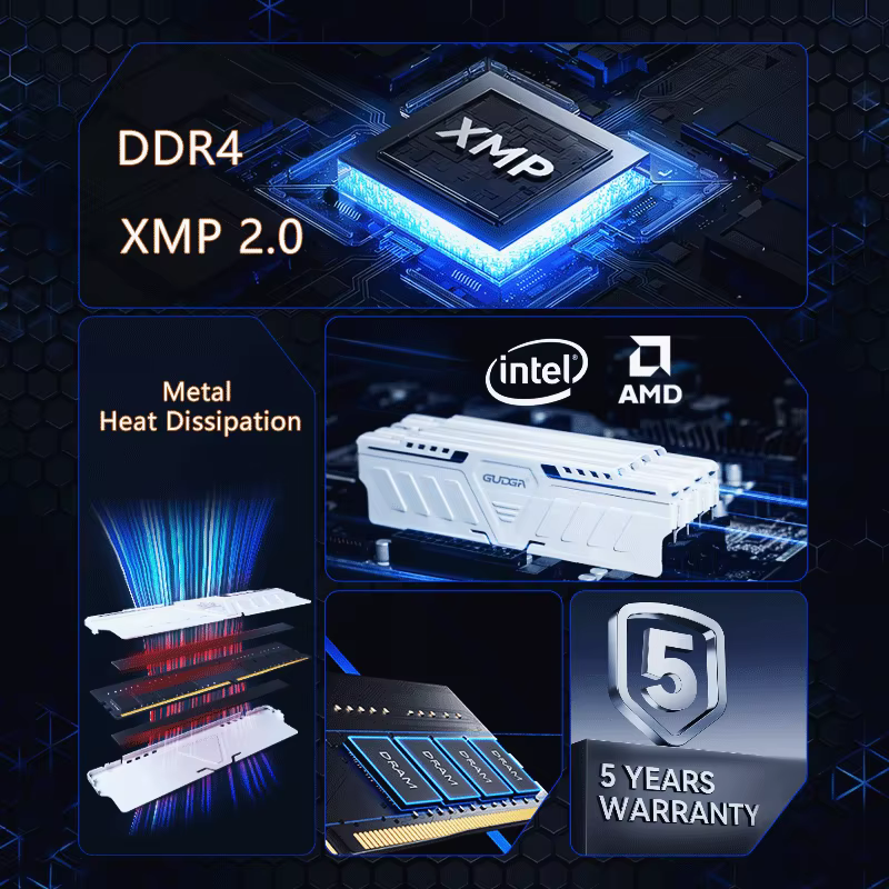 ‌ Mémoire de bureau GUDGA DDR4 RAM 3200MHz/3600MHz/2666MHz 8GB/16GB/32GB 288-Pin DIMM avec dissipateur thermique en aluminium