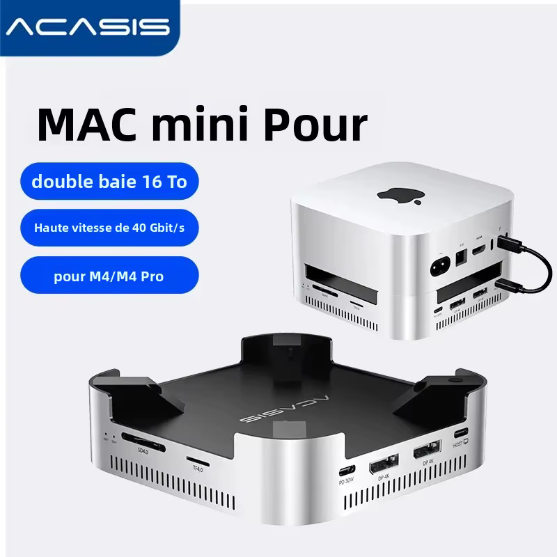 Acasis Mac Mini Station d'accueil USB-C 40Gbps vers DP 4K/144HZ TF/SD 3.0 double baie NVME M.2 emplacement SSD PD 30W