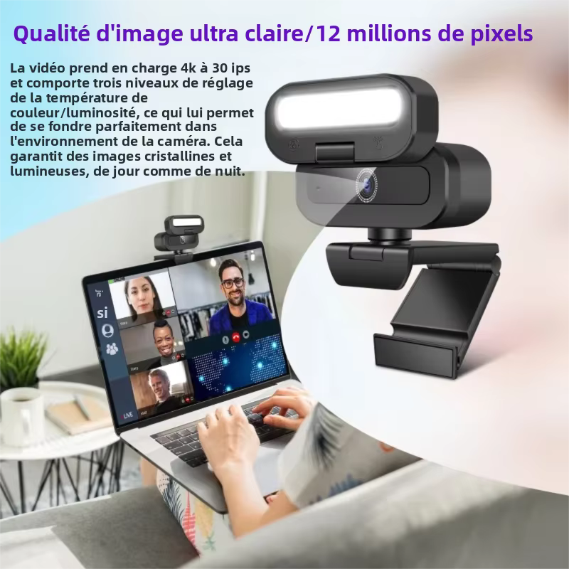 Webcam 4K pour PC avec lumière de remplissage LED