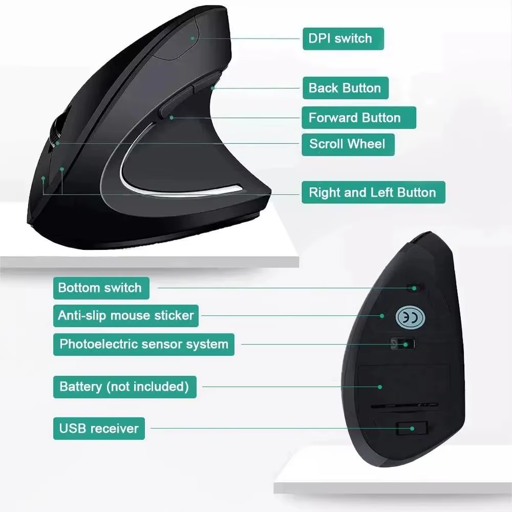 Souris verticale sans fil Bluetooth 800 1200 1600 DPI 6 boutons poignée latérale personnalisée ergonomique 2.4G muet