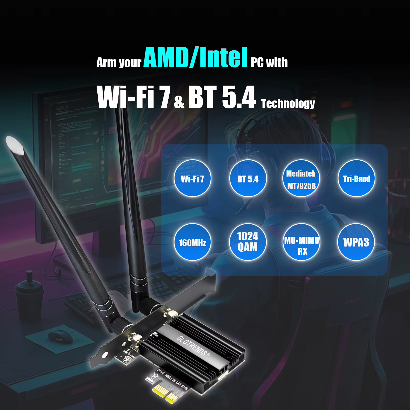 Carte PCIe WiFi 7 pour PC de bureau AMD/Intel avec contrôleur MT7925B