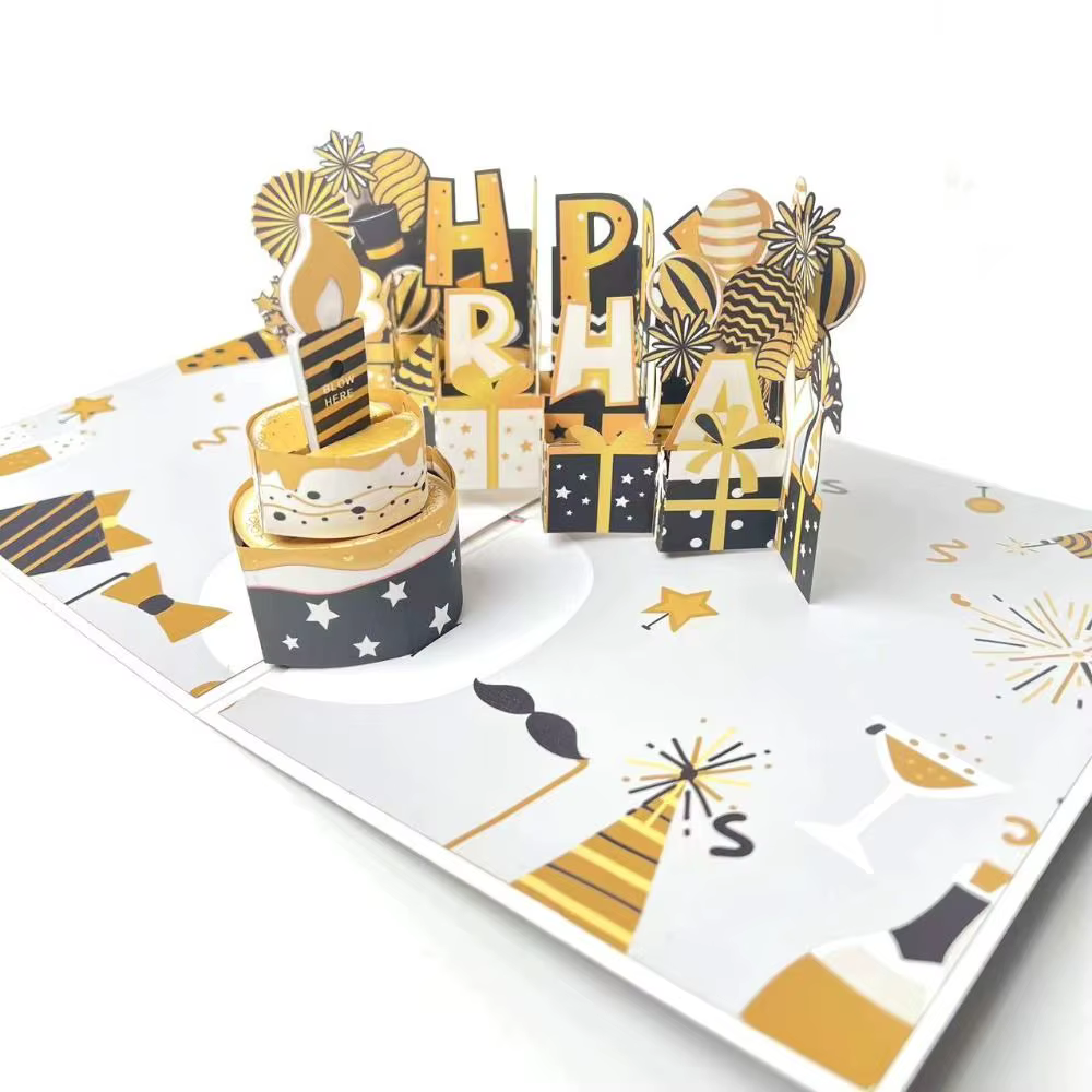 Carte de vœux musicale et lumineuse Joyeux Anniversaire avec effet bougie LED soufflable, carte postale gâteau d'anniversaire, découpe de papier ajourée unique