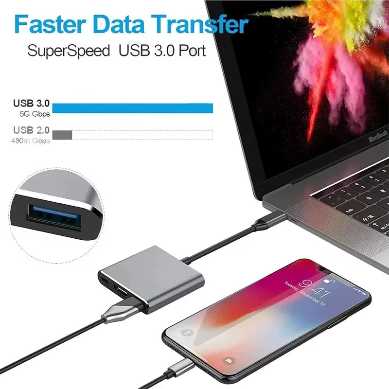 Station d'accueil USB C HUB 3 en 1 Type C 3.0 vers HDMI