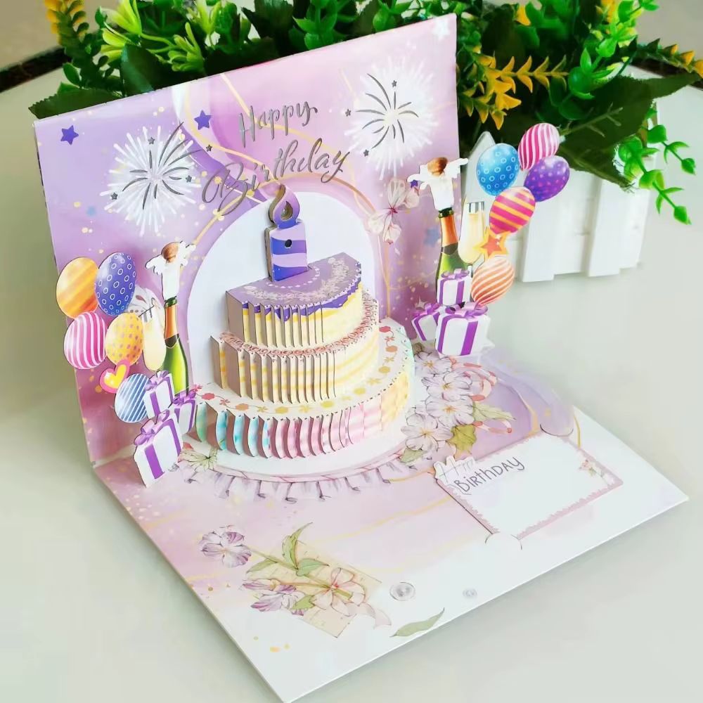 Carte de vœux musicale et lumineuse Joyeux Anniversaire à effet de découpe de papier creux, carte pop-up 3D créative avec bougie LED soufflable