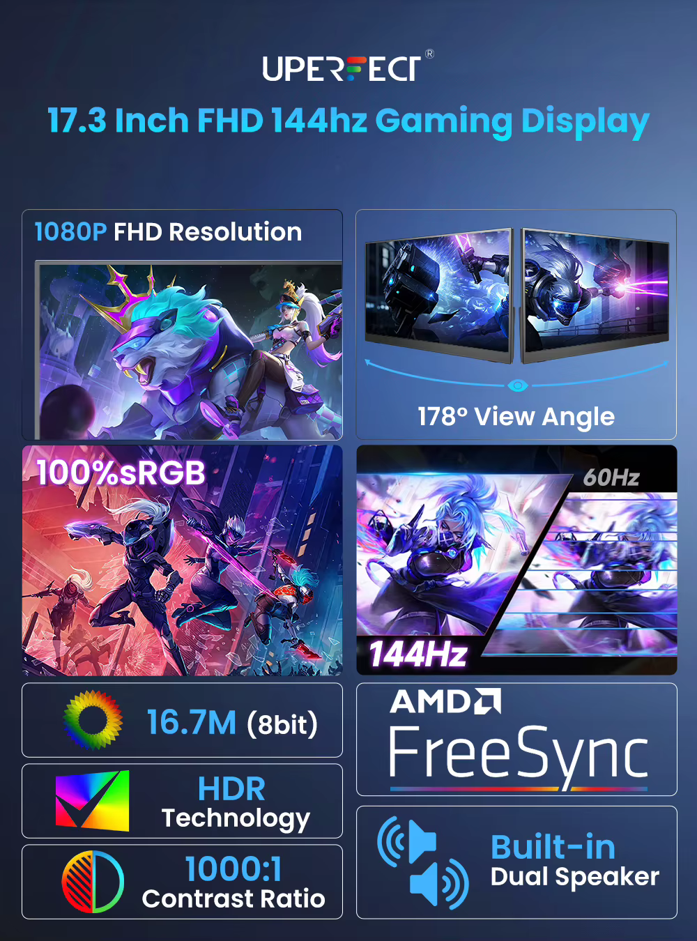 UPERFECT 17, 3" 144Hz 1080P FHD Moniteur de jeu portable USB-C HDMI Écran d'ordinateur HDR IPS Extension d'écran
