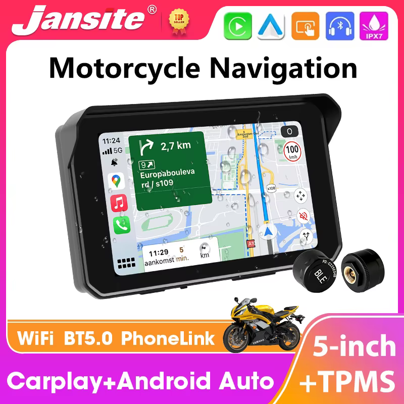 Navigation GPS portable pour moto, 5 pouces, Bluetooth sans fil, Carplay, Android Auto, moniteur de tableau de bord pour moto, écran étanche IPX7