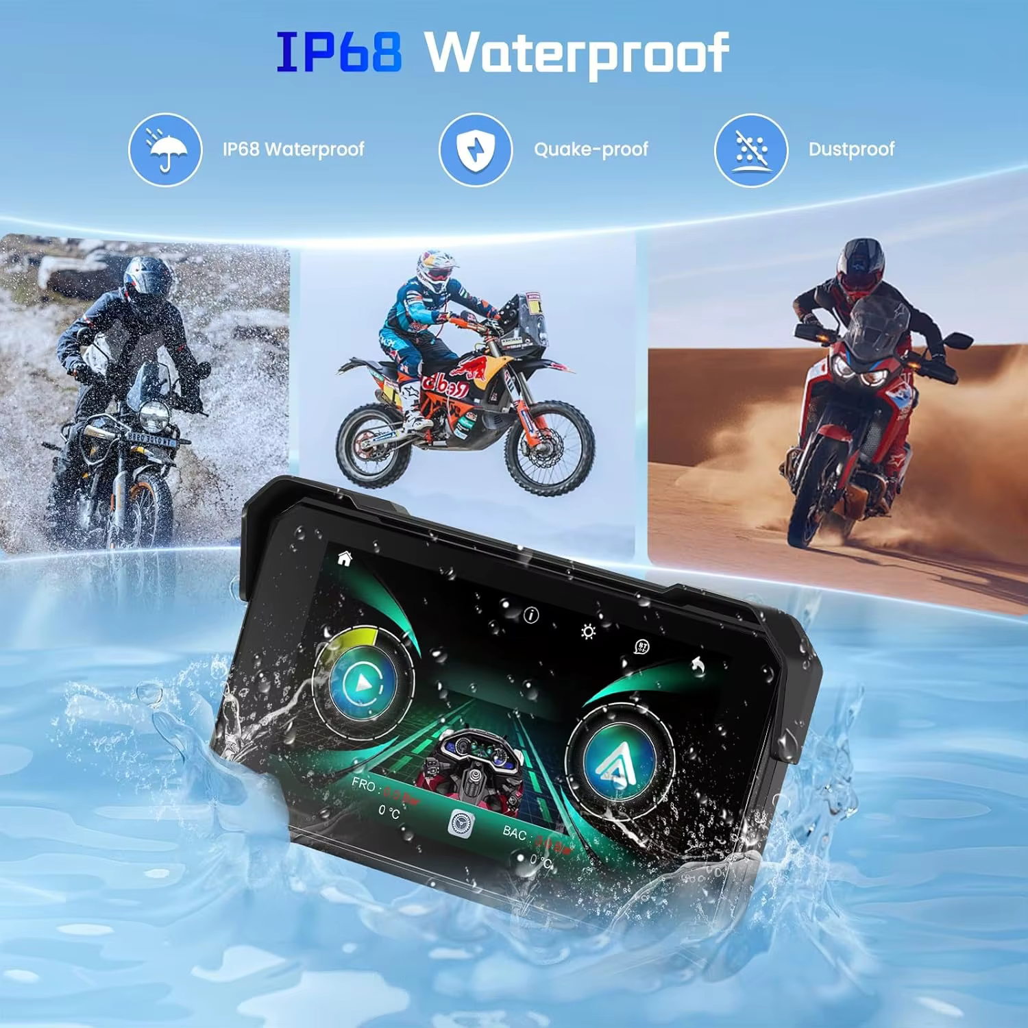 Navigation GPS portable pour moto, 5 pouces, Bluetooth sans fil, Carplay, Android Auto, moniteur de tableau de bord pour moto, écran étanche IPX7