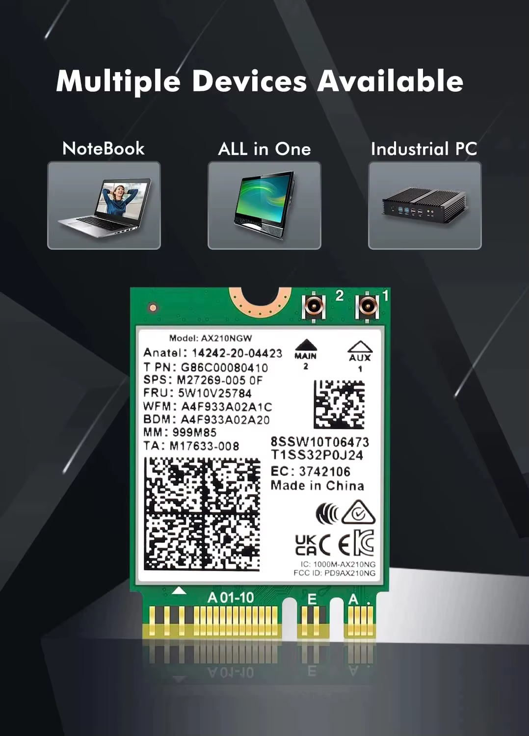 Carte sans fil WiFi 6E AX210 5374Mbps BT5.3 Tri-bande 2.4GHz/5GHz/6GHz 802.11ax