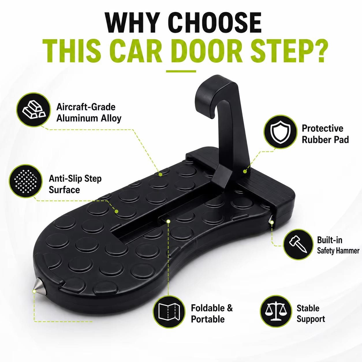 Marchepied pliable pour portière de voiture avec marteau de sécurité, marchepied antidérapant pour accès au toit, universel et portable pour SUV, camion et camping-car