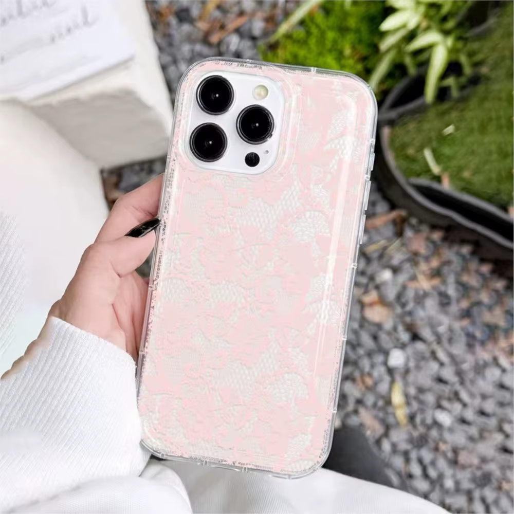 Élégante Coque de Téléphone Blanche à Motif Dentelle Romantique pour iPhone 17 Pro Air 16 15 14 13 12 11 Pro Max 7 8 Plus SE2 16E Housse Souple Transparente