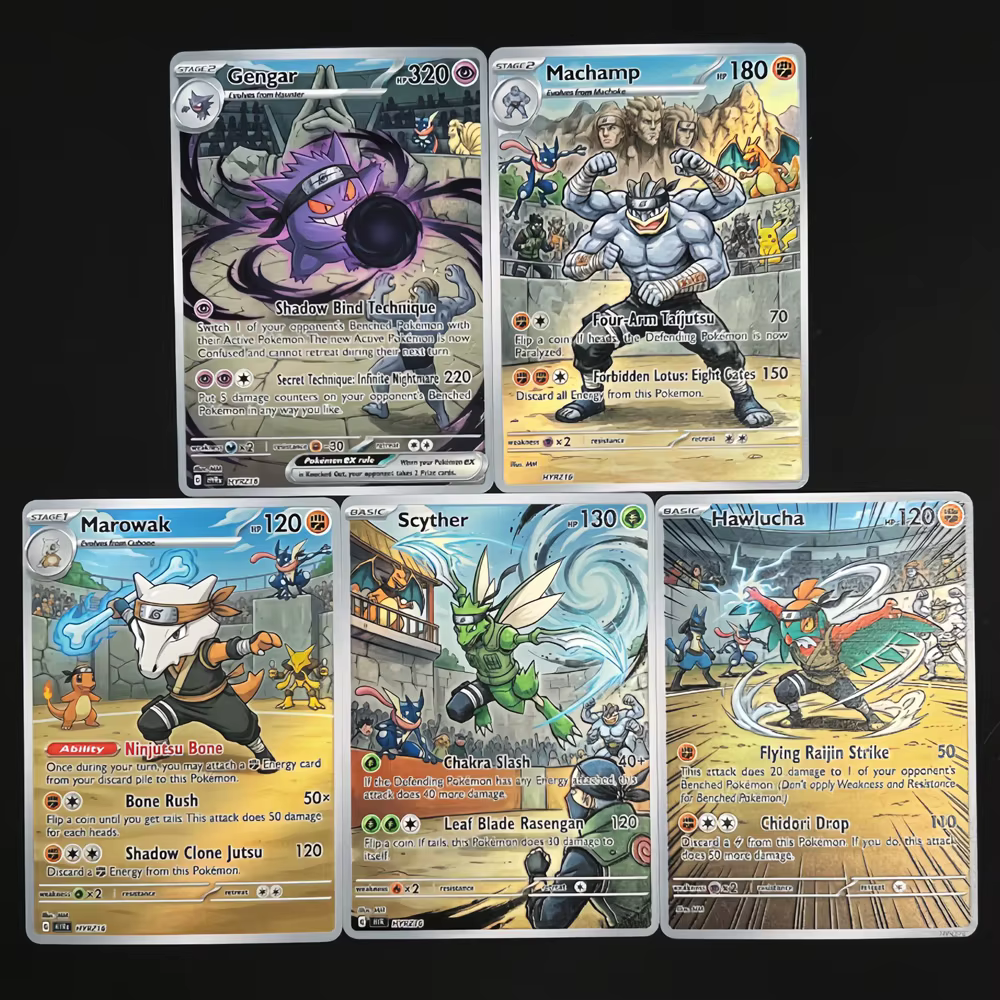 Cartes Pokemon PTCG, 5 pièces, carte holographique de combat Pokemon, cadeau, Style peinture à l'huile, Gengar Machamp Marowak Scyther Hawlucha, jouet de collection