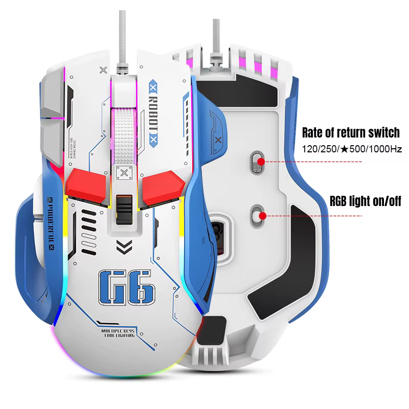 Souris de jeu G6 filaire 128000 DPI ChipA826 RGB Conception ergonomique macroprogrammable supérieure pour les jeux et le travail