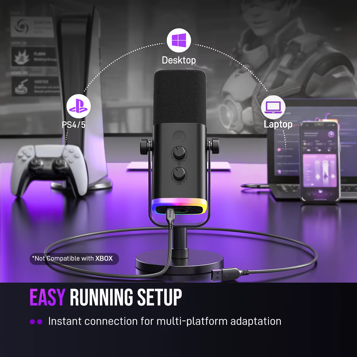 FIFINE Microphone dynamique USB/XLR avec contrôle RGB/prise casque/muet