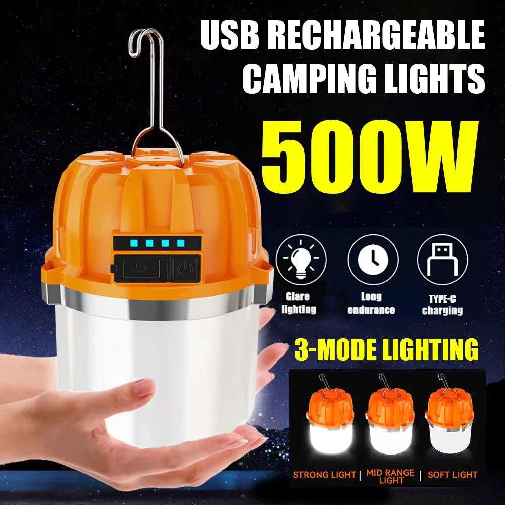 Lanterne de Camping LED 500W, lampe Portable Rechargeable par USB, ampoule avec affichage de puissance, lumière de secours pour la pêche en plein air