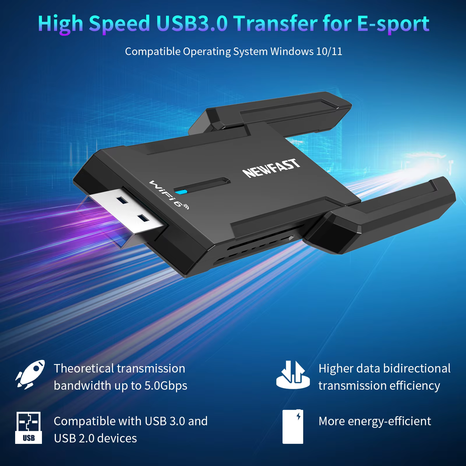 NEWFAST 5400Mbps WiFi6 Wifi adaptateur 2.4/5.8/6Ghz Gigabit 2 2*2dBi antennes USB3.0 carte réseau sans fil de jeu pour PC Win10/11